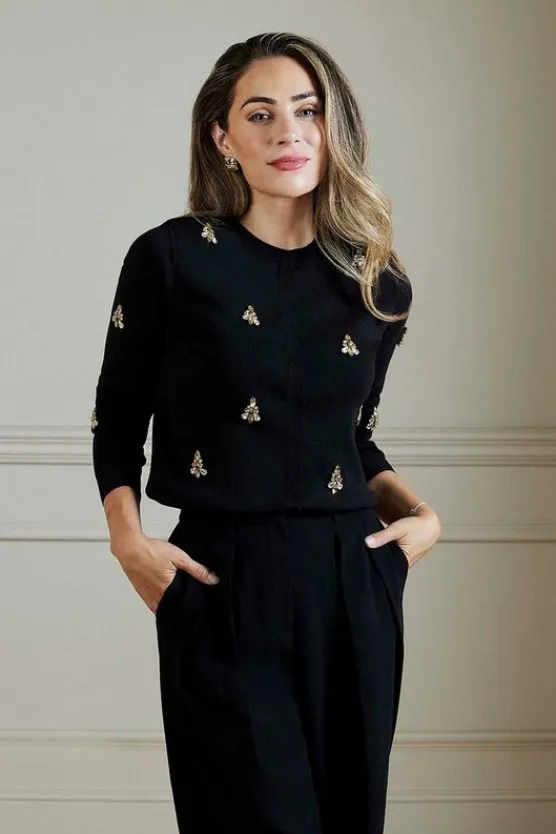 Karen Millen Lydia Millen All Over Embellished Dry Handle Viscose Blend Knit Cardi black Best
