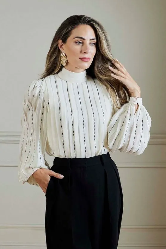 Karen Millen Lydia Millen Chiffon Top Stitch Detail Ruffle Woven Blouse ivory Discount