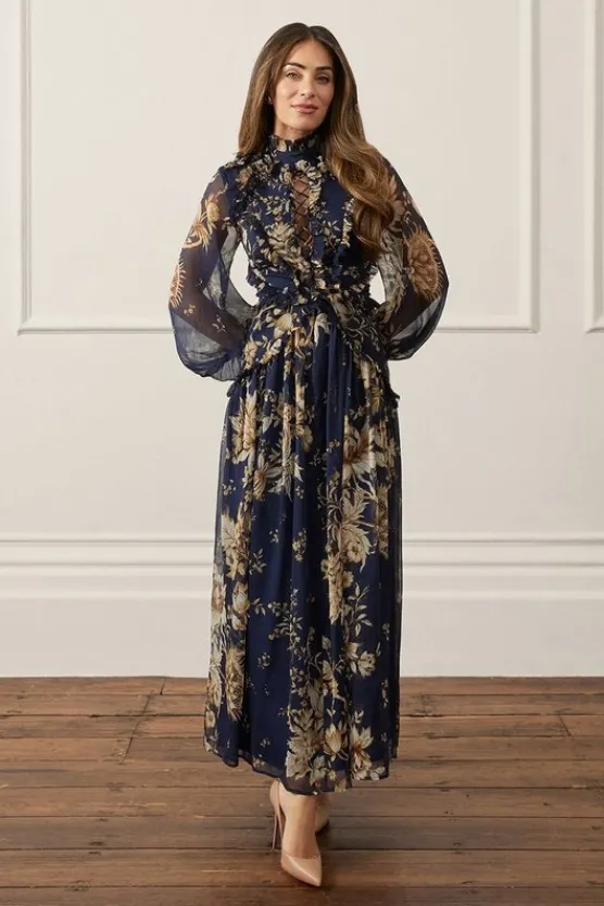 Karen Millen Lydia Millen Ruffle Chiffon Maxi Dress floral Outlet