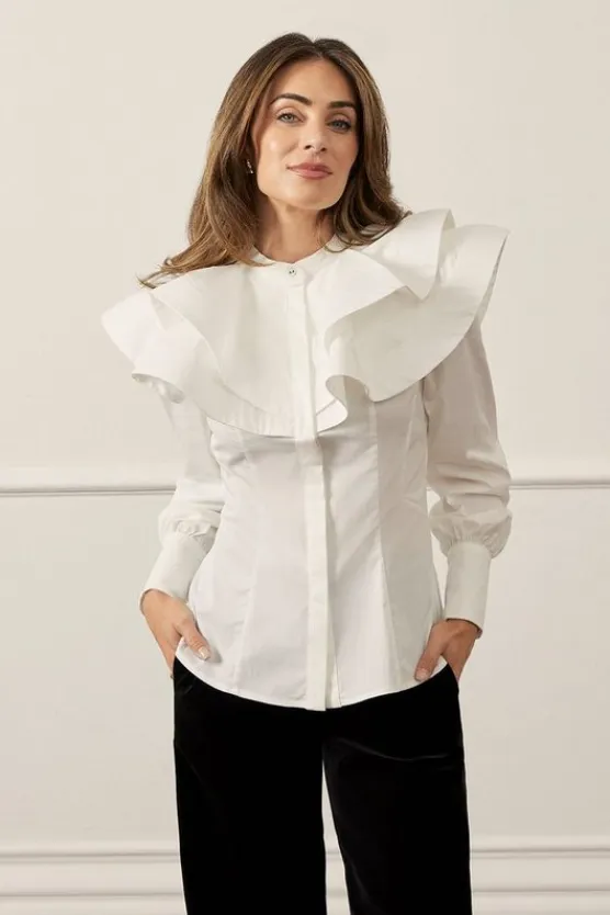 Karen Millen Lydia Millen High Neck Ruffle Woven Cotton Shirt white Online