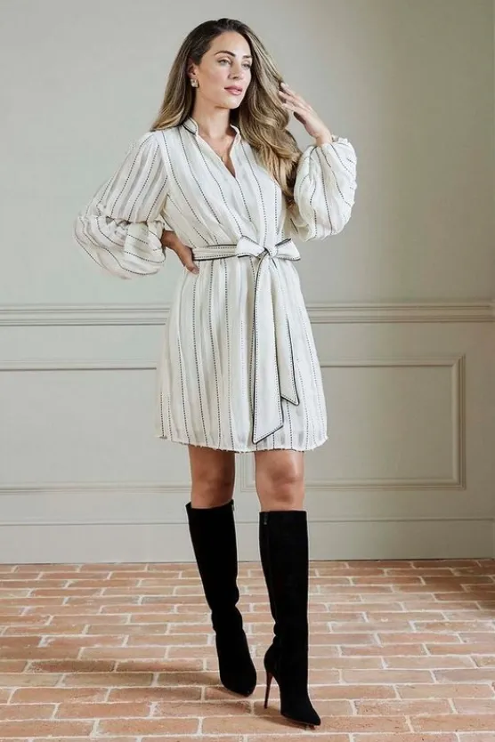 Karen Millen Lydia Millen Petite Chiffon Top Stitch Detail Ruffle Belted Woven Mini Dress ivory Outlet