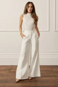 Karen Millen Lydia Millen Petite Compact Stretch Grosgrain Detail Tailored Wide Leg Pants ivory Best