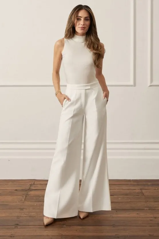 Karen Millen Lydia Millen Petite Compact Stretch Grosgrain Detail Tailored Wide Leg Pants ivory Best