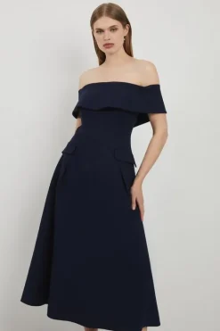 Karen Millen Lydia Millen Petite Compact Stretch Off The Shoulder Full Skirt Tailored Midi Dress navy Clearance