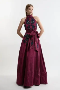 Karen Millen Lydia Millen Petite Embellished Taffeta Woven Halter Prom Dress wine Hot