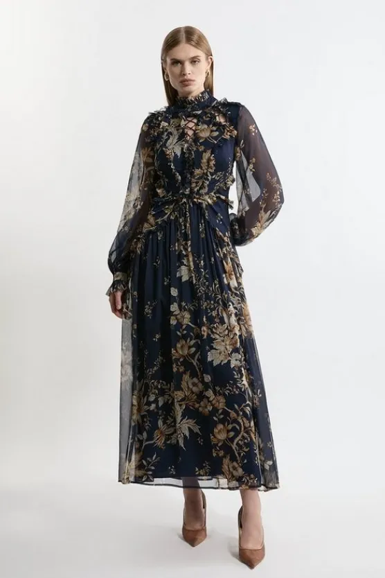 Karen Millen Lydia Millen Petite Ruffle Chiffon Maxi Dress floral Sale