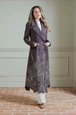 Karen Millen Lydia Millen Petite Wool Blend Floral Cutwork Flared Skirt Midaxi Coat taupe Outlet