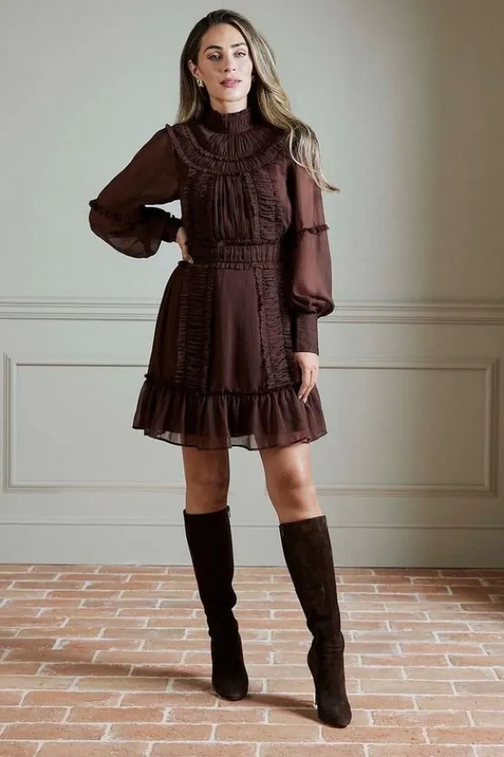 Karen Millen Lydia Millen Pleat Crinkle High Neck Drama Sleeve Woven Mini Dress chocbrown Online