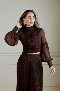 Karen Millen Lydia Millen Pleat Crinkle Woven Wide Leg Trouser Co-Ord chocbrown Fashion