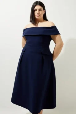 Karen Millen Lydia Millen Plus Size Compact Stretch Off The Shoulder Full Skirt Tailored Midi Dress navy Hot