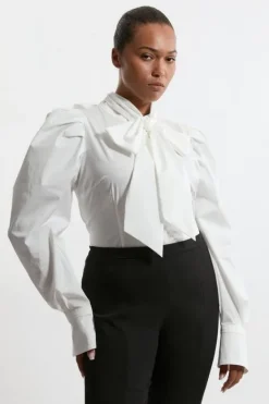 Karen Millen Lydia Millen Plus Size Drama Sleeve High Neck Woven Cotton Shirt white Sale