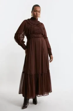 Karen Millen Lydia Millen Plus Size Pleat Crinkle High Neck Drama Sleeve Woven Midaxi Dress chocbrown Online