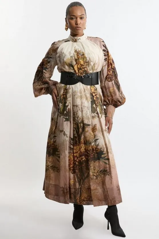 Karen Millen Lydia Millen Plus Size Silk Cotton Border Print Belted Maxi Dress nudepink Best