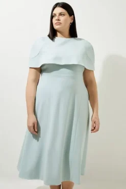 Karen Millen Lydia Millen Plus Size Structured Crepe Cape Sleeve Full Skirt Tailored Midi Dress sage Hot
