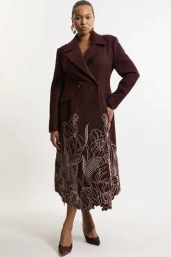 Karen Millen Lydia Millen Plus Size Wool Blend Floral Cutwork Flared Skirt Midaxi Coat merlot Hot