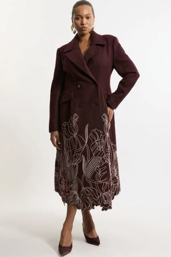 Karen Millen Lydia Millen Plus Size Wool Blend Floral Cutwork Flared Skirt Midaxi Coat merlot Hot