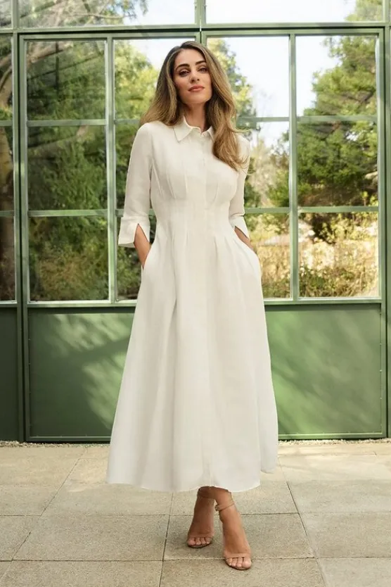 Karen Millen Lydia Millen Premium Tailored Linen Darted Waist Midi Dress ivory Discount