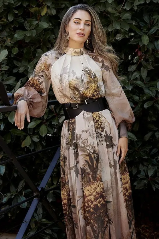 Karen Millen Lydia Millen Silk Cotton Border Print Belted Maxi Dress nudepink Clearance