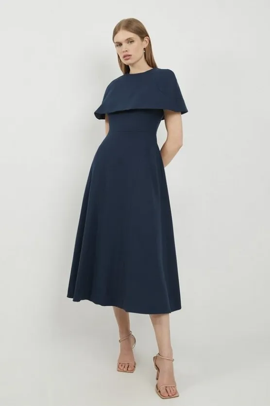Karen Millen Lydia Millen Structured Crepe Cape Sleeve Full Skirt Tailored Midaxi Dress navy Discount