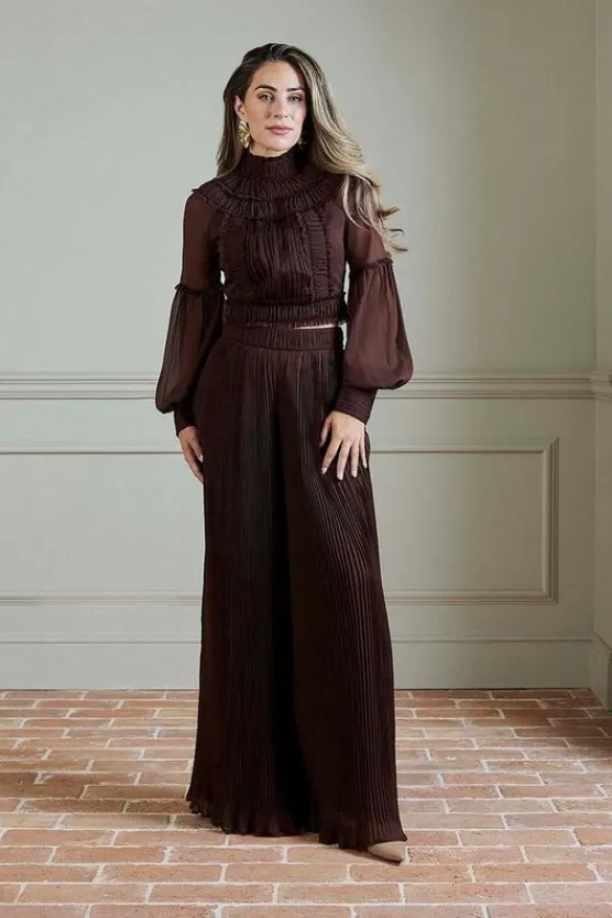 Karen Millen Lydia Millen Tall Crinkle Wide Leg Woven Pants chocbrown Fashion