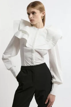 Karen Millen Lydia Millen Tall High Neck Ruffle Woven Cotton Shirt white New