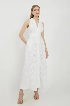 Karen Millen Lydia Millen Tall Lace With Cotton Sateen Woven Halter Dress ivory Clearance