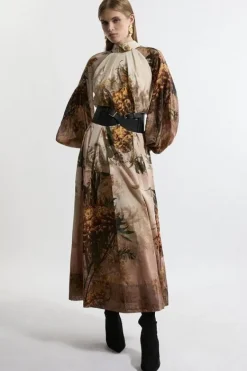 Karen Millen Lydia Millen Tall Silk Cotton Border Print Belted Maxi Dress nudepink Online