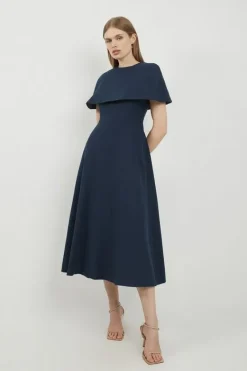 Karen Millen Lydia Millen Tall Structured Crepe Cape Sleeve Full Skirt Tailored Midaxi Dress navy New