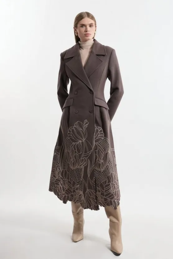 Karen Millen Lydia Millen Wool Blend Floral Cutwork Flared Skirt Midaxi Coat taupe Online
