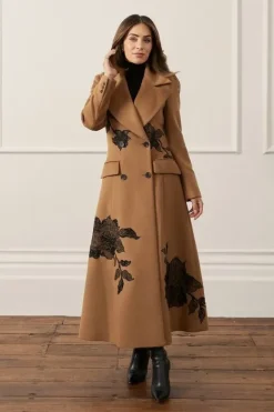 Karen Millen Lydia Millen Wool Blend Placed Lace Embroidered Flared Skirt Tailored Midaxi Coat camel New