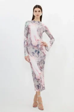Karen Millen Marble Print Jersey Long Sleeve Midi Dress pink Hot
