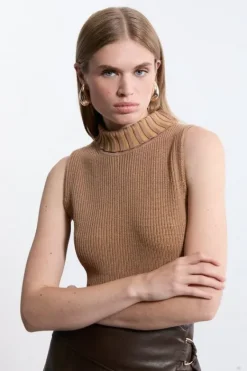 Karen Millen Marled Knit Clean Look Sleeveless Top camel Online