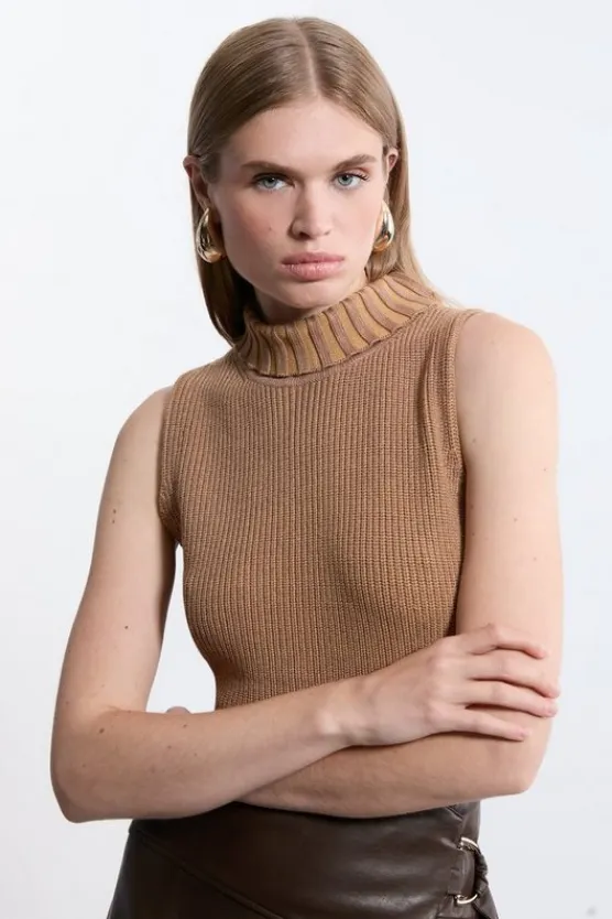 Karen Millen Marled Knit Clean Look Sleeveless Top camel Online