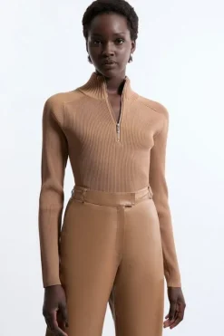 Karen Millen Marled Knit Preppy Zip Polo camel Outlet