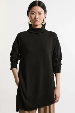 Karen Millen Merino Wool Asymmetric Funnel Neck Knit Sweater black Sale