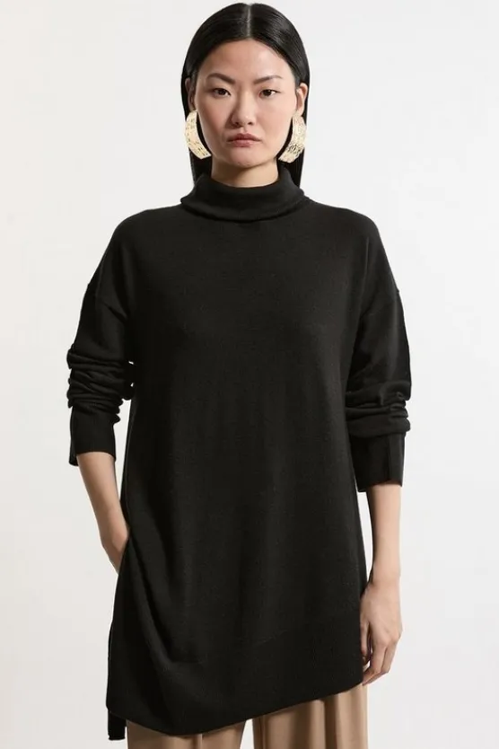 Karen Millen Merino Wool Asymmetric Funnel Neck Knit Sweater black Sale