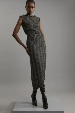 Karen Millen Metallic Boucle Tailored Ruched Midi Dress black Online