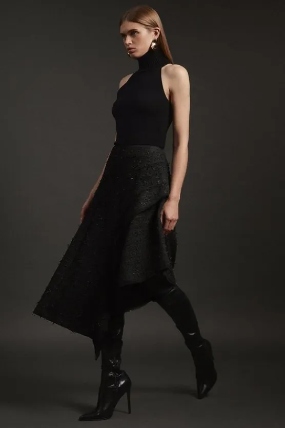 Karen Millen Metallic Boucle Tailored Ruffle Asymmetric Midaxi Skirt black Clearance