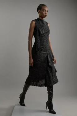Karen Millen Metallic Boucle Tailored Sleeveless Asymmetric Midaxi Dress black Clearance