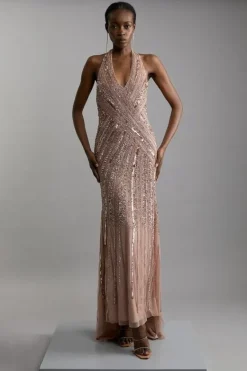 Karen Millen Metallic Embellished And Beaded Halter Maxi Dress rosegold Outlet