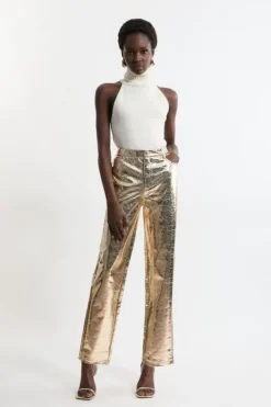 Karen Millen Metallic Faux Leather Straight Pants gold Fashion