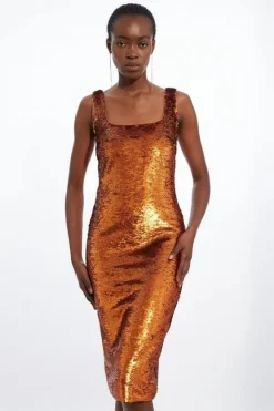 Karen Millen Metallic Sequin Strappy Woven Column Midi Dress bronze Outlet