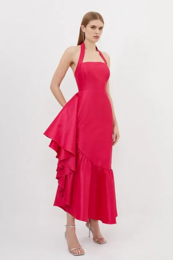 Karen Millen Metallic Taffeta Halterneck Ruffle Hem Maxi Dress pink Online
