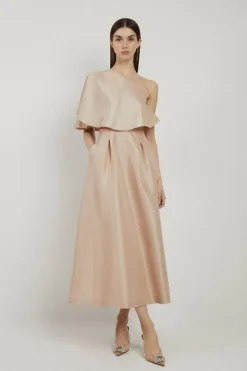 Karen Millen Metallic Taffeta One Shoulder Ruffle Midi Dress champagne Discount
