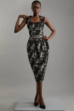 Karen Millen Metallic Velvet Jacquard Tailored Square Neck Midi Dress black New