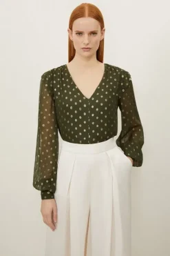 Karen Millen Metallic Viscose Georgette Woven V Neck Blouse khaki New