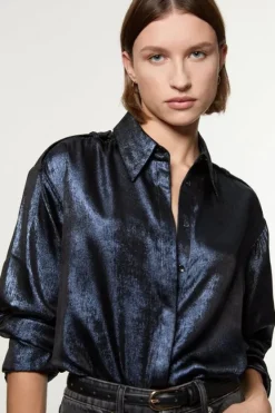 Karen Millen Metallic Woven Collared Shirt navy Hot