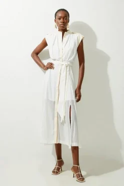 Karen Millen Military Mono Sleeveless Belted Woven Midi Dress white Sale