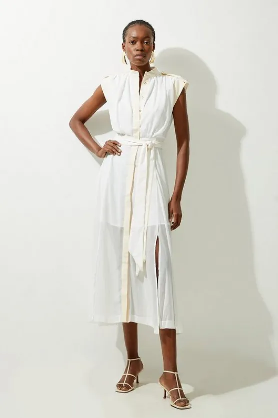 Karen Millen Military Mono Sleeveless Belted Woven Midi Dress white Sale