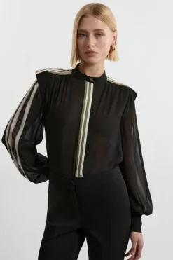 Karen Millen Military Striped Balloon Sleeve Shirt mono Online